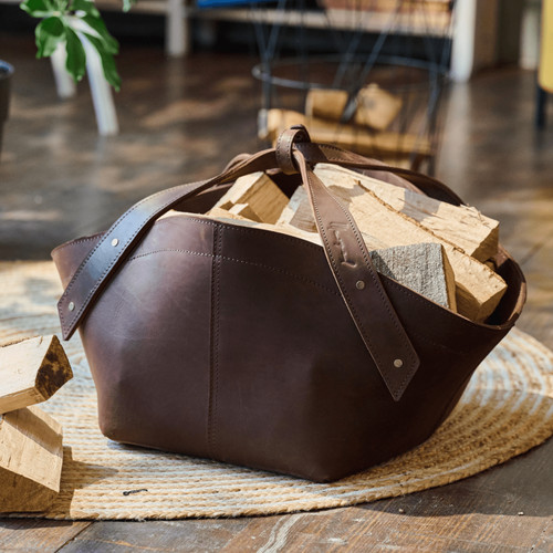 Leather firewood carrier bag - leather,
